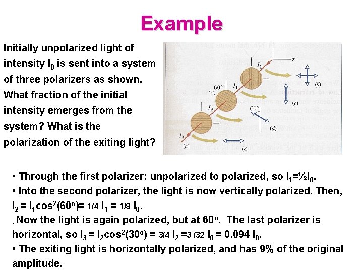 Example Initially unpolarized light of intensity I 0 is sent into a system of