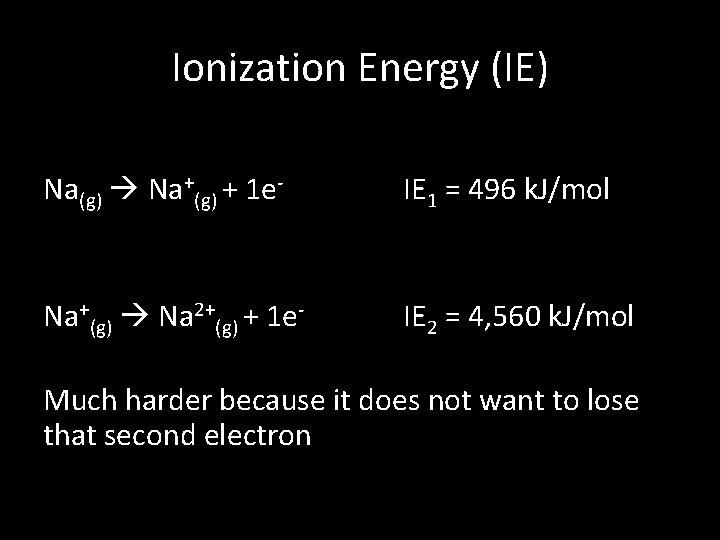 Ionization Energy (IE) Na(g) Na+(g) + 1 e- IE 1 = 496 k. J/mol