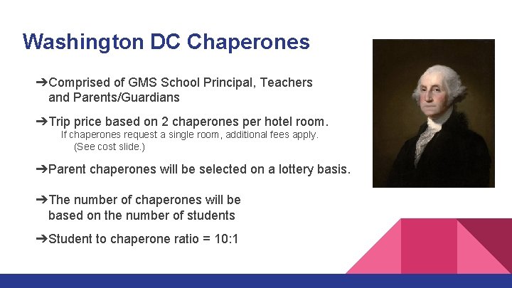 Washington DC Chaperones ➔Comprised of GMS School Principal, Teachers and Parents/Guardians ➔Trip price based