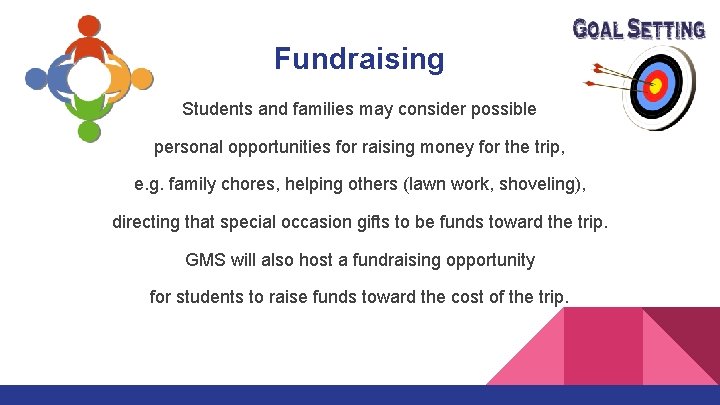 Fundraising Students and families may consider possible personal opportunities for raising money for the