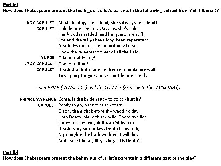 Part (a) How does Shakespeare present the feelings of Juliet’s parents in the following