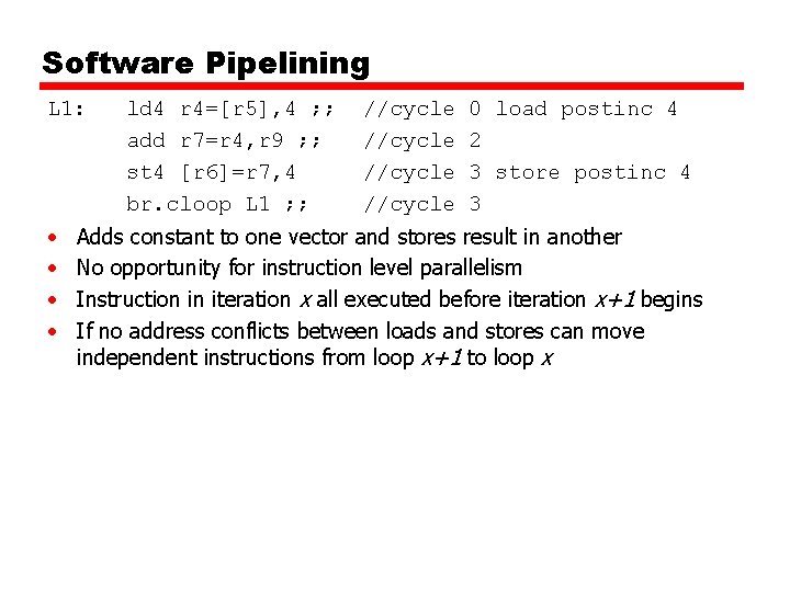 Software Pipelining L 1: • • ld 4 r 4=[r 5], 4 ; ;