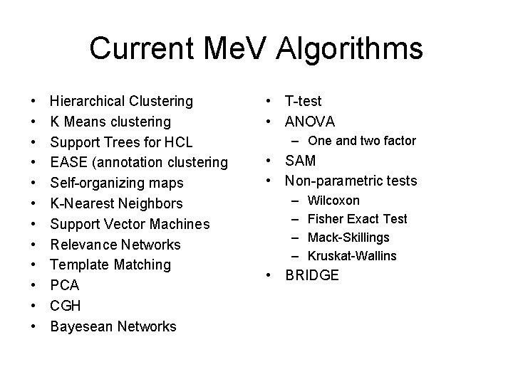 Current Me. V Algorithms • • • Hierarchical Clustering K Means clustering Support Trees