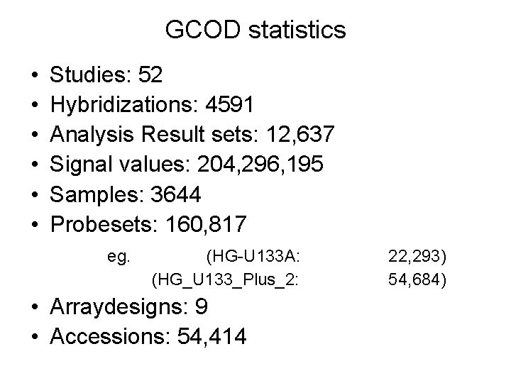 GCOD statistics • • • Studies: 52 Hybridizations: 4591 Analysis Result sets: 12, 637