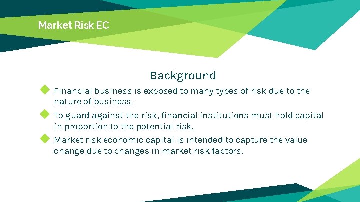 Market Risk EC Background ◆ Financial business is exposed to many types of risk