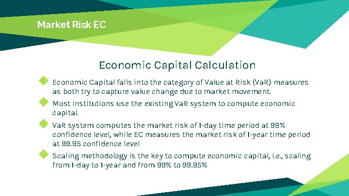 Market Risk EC Economic Capital Calculation ◆ Economic Capital falls into the category of