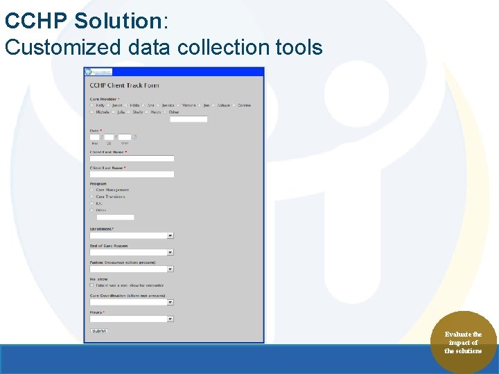 CCHP Solution: Customized data collection tools Evaluate the impact of the solutions 