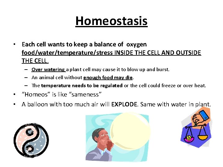 Homeostasis • Each cell wants to keep a balance of oxygen food/water/temperature/stress INSIDE THE