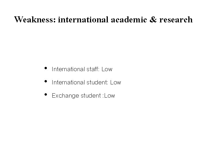 Weakness: international academic & research • International staff: Low • International student: Low •