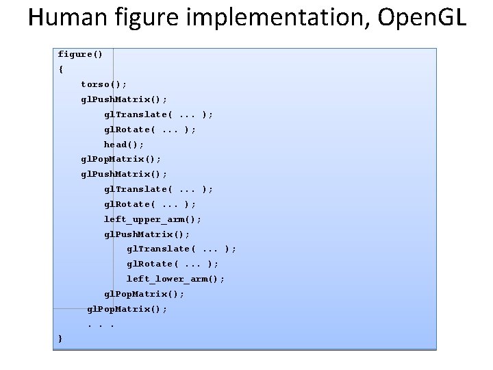 Human figure implementation, Open. GL figure() { torso(); gl. Push. Matrix(); gl. Translate(. .