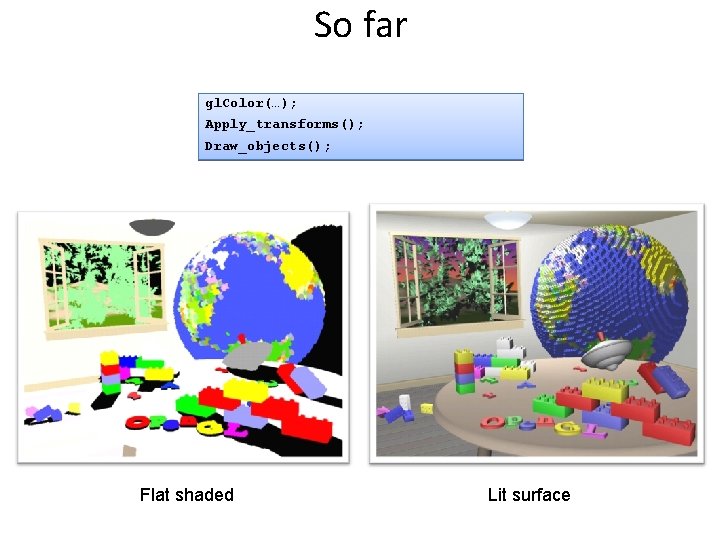 So far gl. Color(…); Apply_transforms(); Draw_objects(); Flat shaded Lit surface 