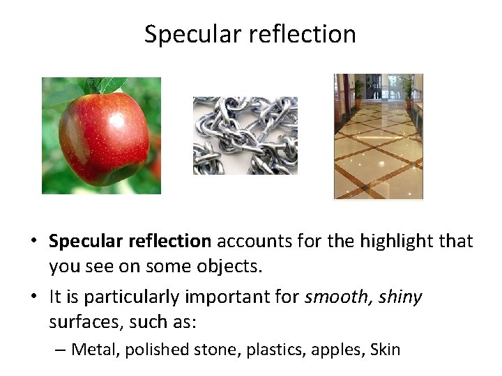 Specular reflection • Specular reflection accounts for the highlight that you see on some