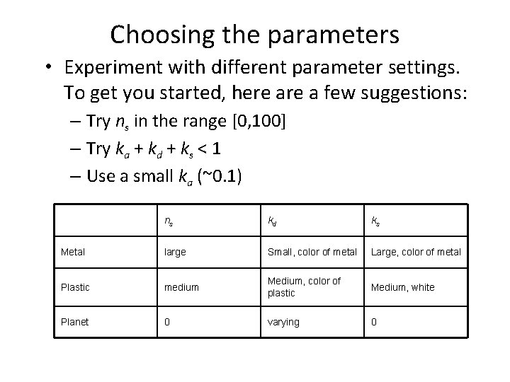 Choosing the parameters • Experiment with different parameter settings. To get you started, here