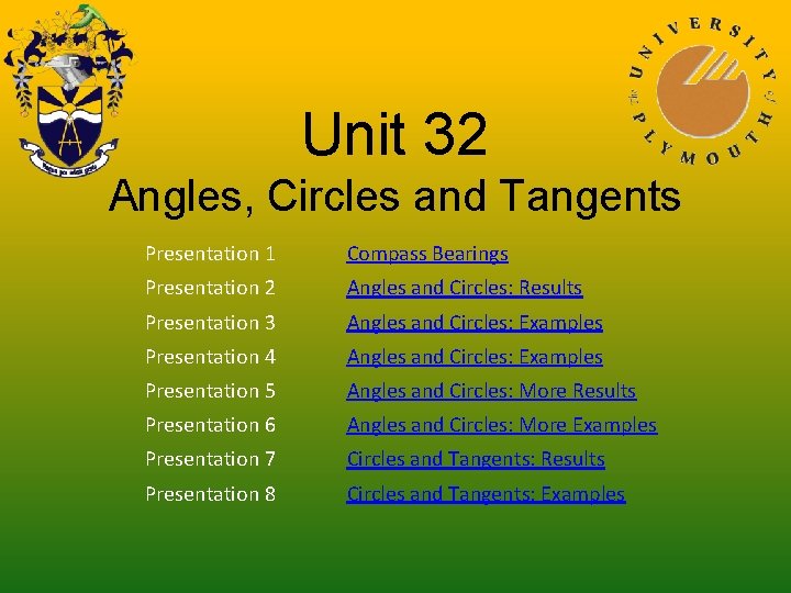 Unit 32 Angles, Circles and Tangents Presentation 1 Compass Bearings Presentation 2 Angles and