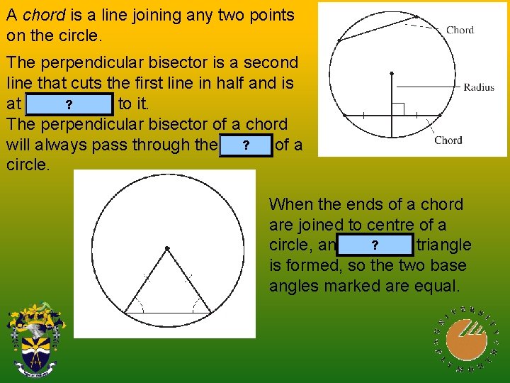 A chord is a line joining any two points on the circle. The perpendicular