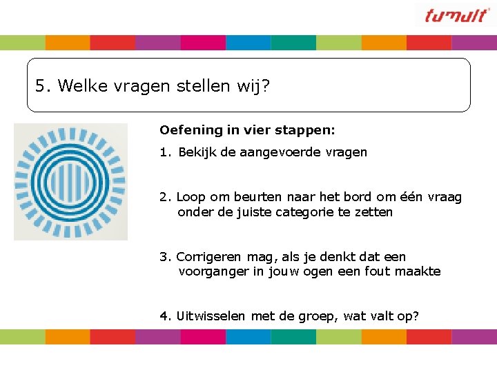 5. Welke vragen stellen wij? Oefening in vier stappen: 1. Bekijk de aangevoerde vragen