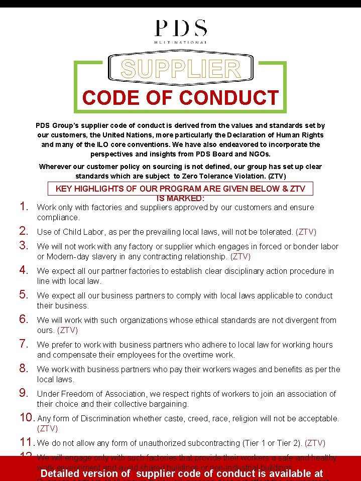 SUPPLIER CODE OF CONDUCT PDS Group’s supplier code of conduct is derived from the