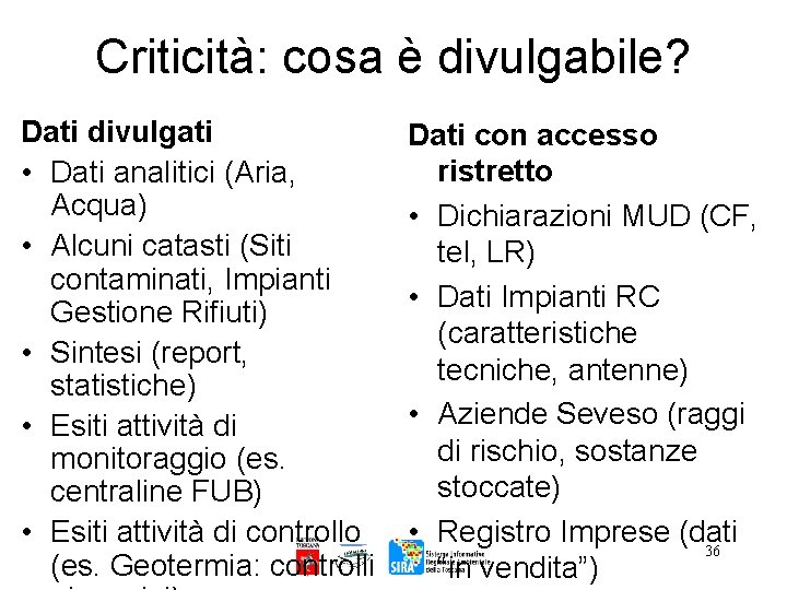 Criticità: cosa è divulgabile? Dati divulgati • Dati analitici (Aria, Acqua) • Alcuni catasti