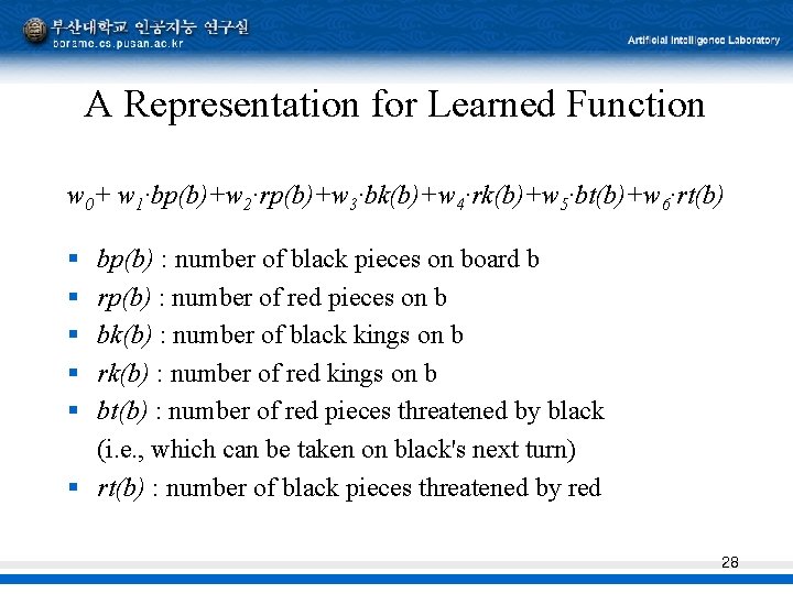 A Representation for Learned Function w 0+ w 1·bp(b)+w 2·rp(b)+w 3·bk(b)+w 4·rk(b)+w 5·bt(b)+w 6·rt(b)