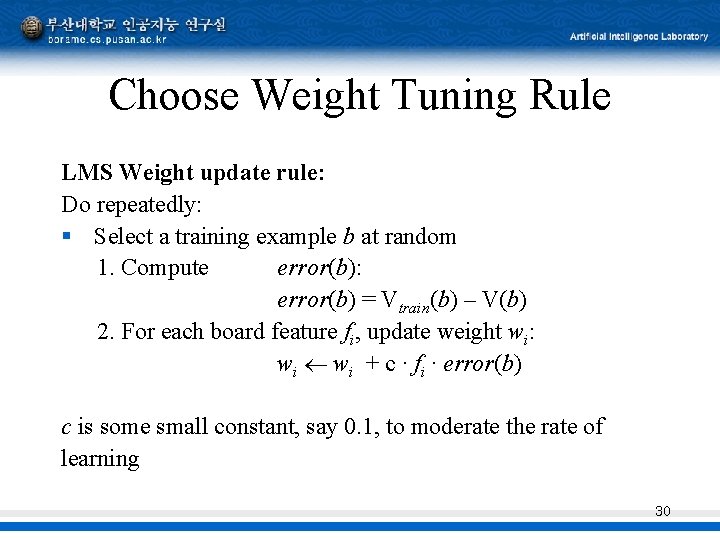 Choose Weight Tuning Rule LMS Weight update rule: Do repeatedly: § Select a training