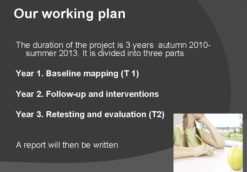 Our working plan The duration of the project is 3 years autumn 2010 -