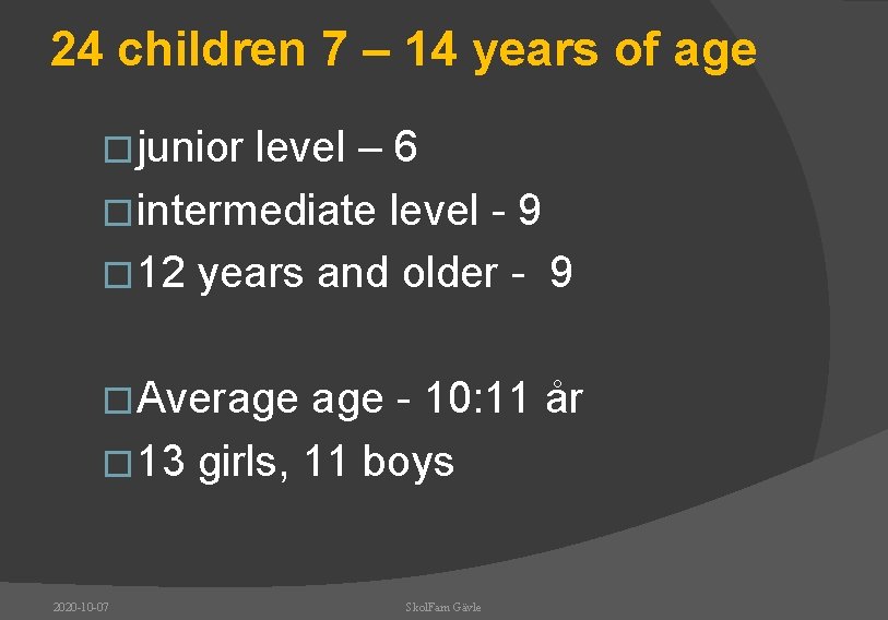 24 children 7 – 14 years of age �junior level – 6 �intermediate level