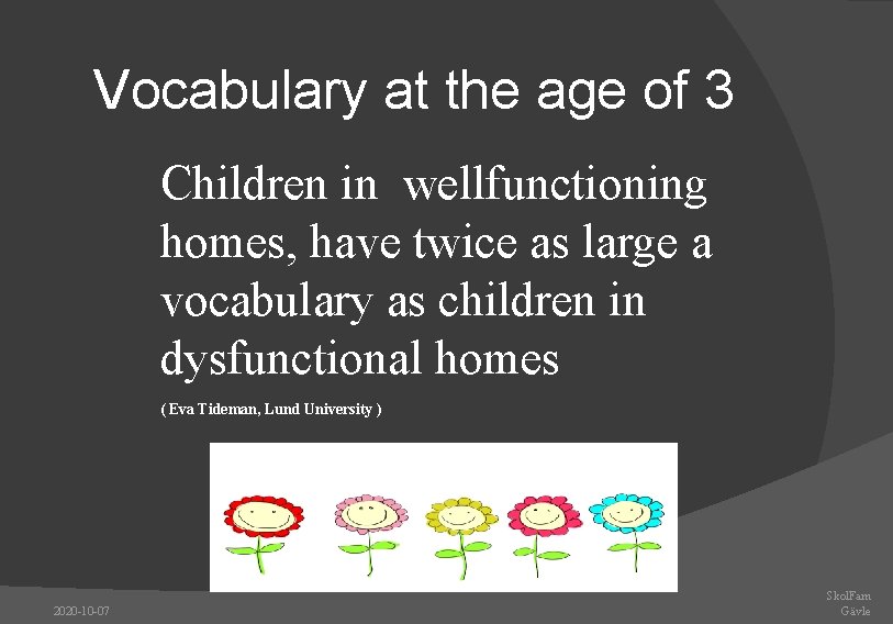 Vocabulary at the age of 3 Children in wellfunctioning homes, have twice as large