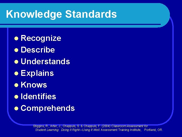 Knowledge Standards l Recognize l Describe l Understands l Explains l Knows l Identifies