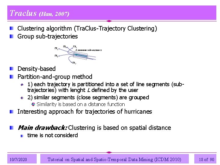 Traclus (Han, 2007) Clustering algorithm (Tra. Clus-Trajectory Clustering) Group sub-trajectories Density-based Partition-and-group method 1)