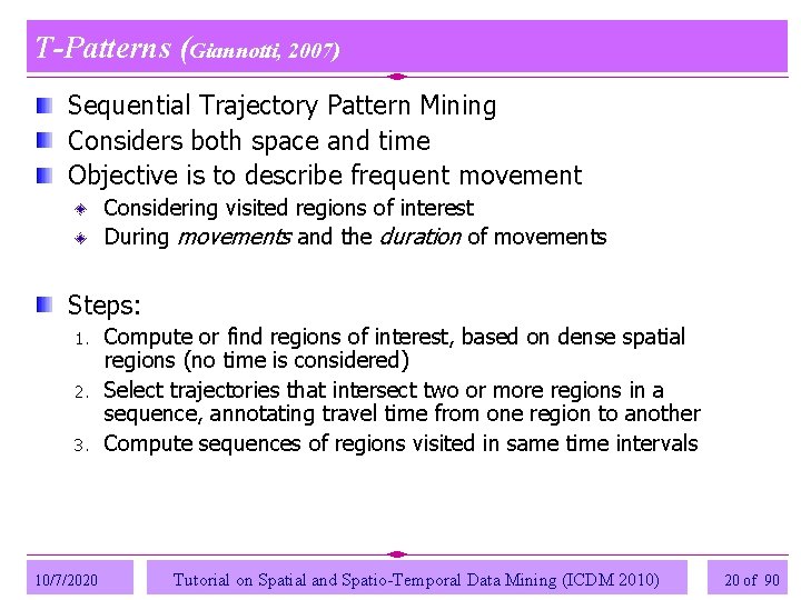 T-Patterns (Giannotti, 2007) Sequential Trajectory Pattern Mining Considers both space and time Objective is