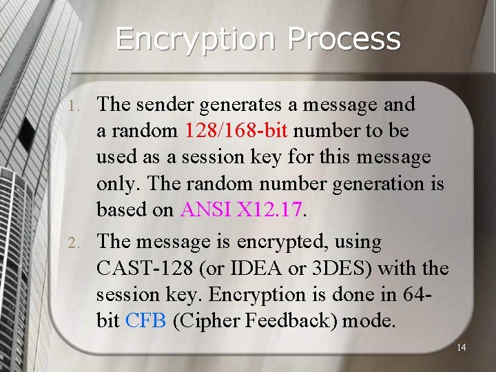 Encryption Process 1. 2. The sender generates a message and a random 128/168 -bit