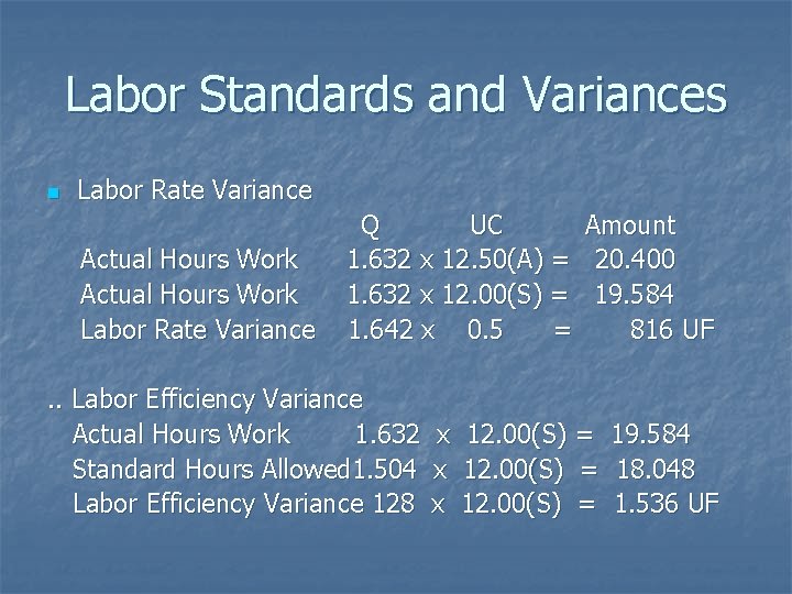 Labor Standards and Variances n Labor Rate Variance Actual Hours Work Labor Rate Variance
