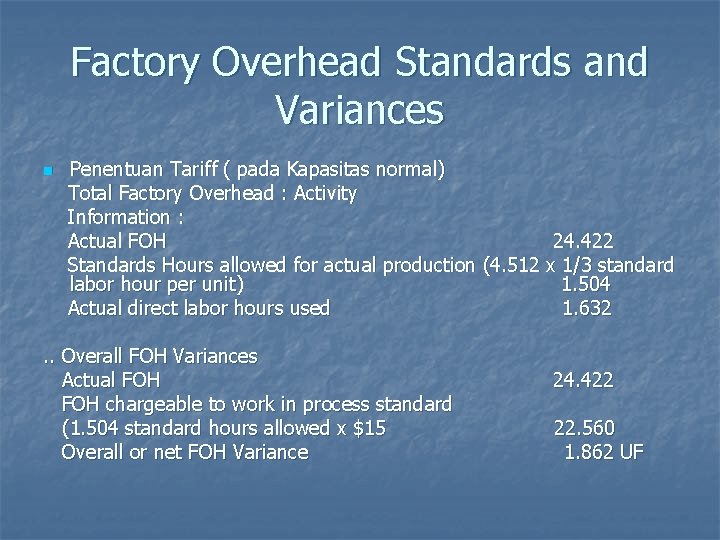 Factory Overhead Standards and Variances n Penentuan Tariff ( pada Kapasitas normal) Total Factory