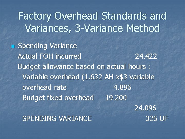 Factory Overhead Standards and Variances, 3 -Variance Method n Spending Variance Actual FOH incurred