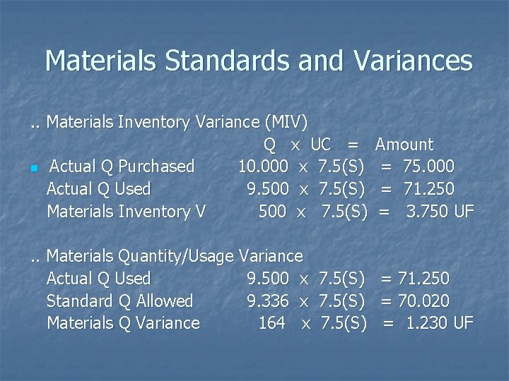 Materials Standards and Variances. . Materials Inventory Variance (MIV) Q x UC = n