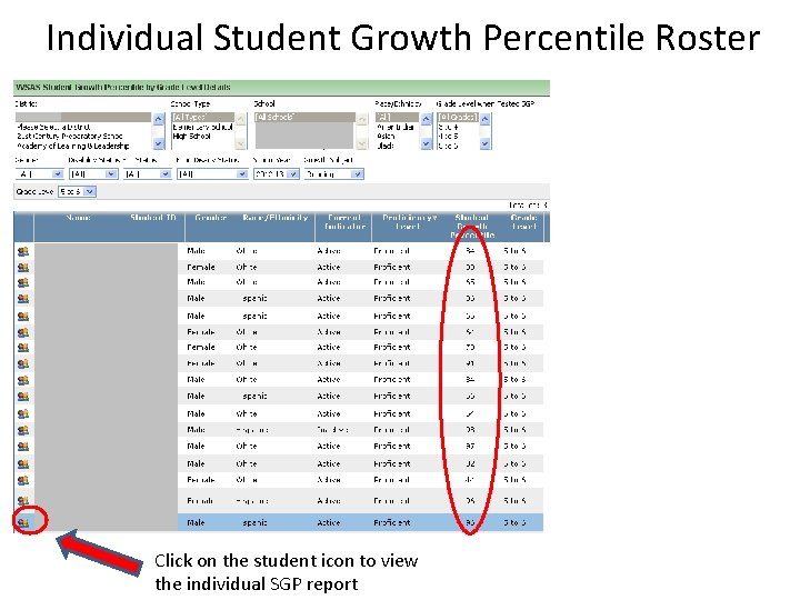 Individual Student Growth Percentile Roster Click on the student icon to view the individual