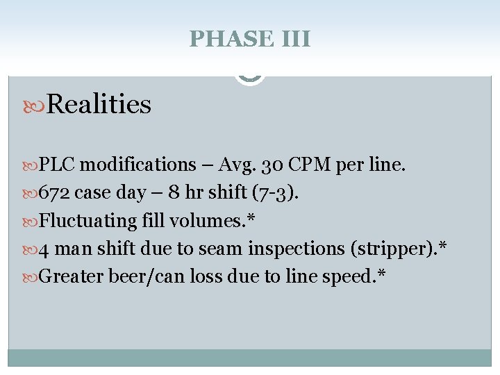 PHASE III Realities PLC modifications – Avg. 30 CPM per line. 672 case day