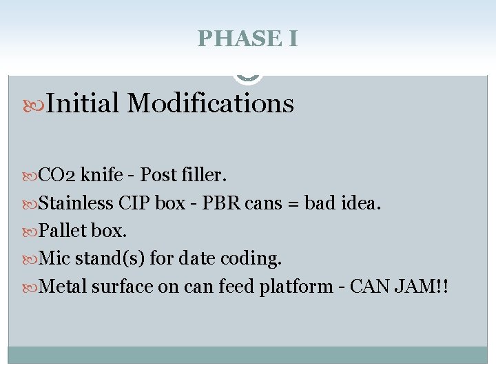 PHASE I Initial Modifications CO 2 knife - Post filler. Stainless CIP box -