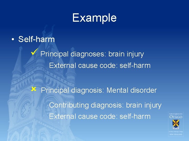 Example • Self-harm Principal diagnoses: brain injury External cause code: self-harm Principal diagnosis: Mental
