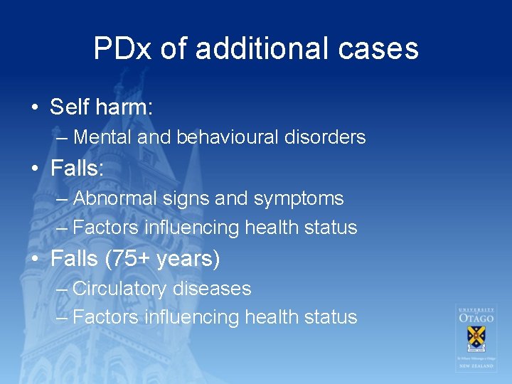 PDx of additional cases • Self harm: – Mental and behavioural disorders • Falls: