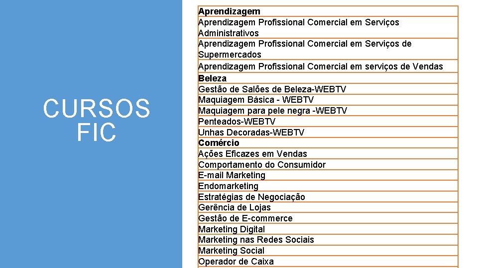 CURSOS FIC Aprendizagem Profissional Comercial em Serviços Administrativos Aprendizagem Profissional Comercial em Serviços de