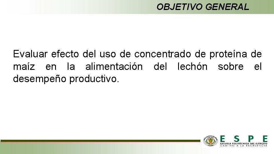 OBJETIVO GENERAL Evaluar efecto del uso de concentrado de proteína de maíz en la