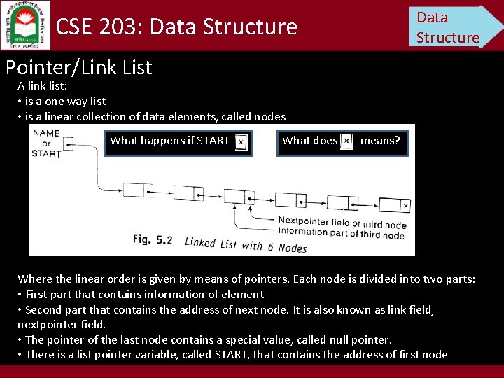 Data Structure CSE 203: Data Structure Pointer/Link List A link list: • is a