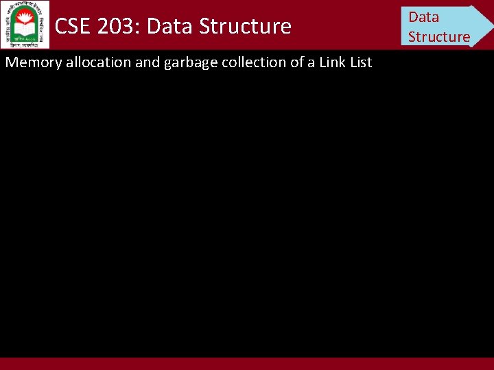 CSE 203: Data Structure Memory allocation and garbage collection of a Link List Data