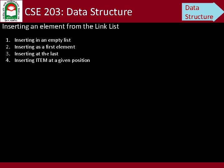 CSE 203: Data Structure Inserting an element from the Link List 1. 2. 3.