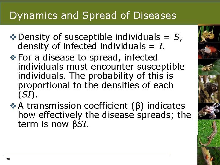 Dynamics and Spread of Diseases v Density of susceptible individuals = S, density of