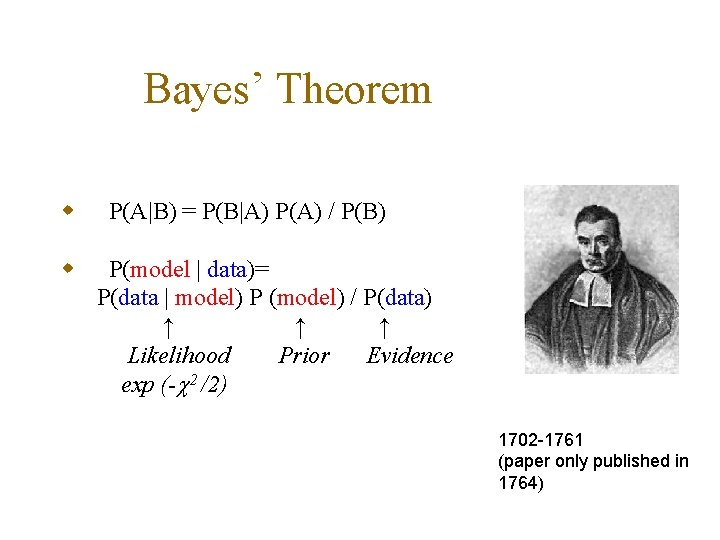 Bayes’ Theorem w w P(A|B) = P(B|A) P(A) / P(B) P(model | data)= P(data