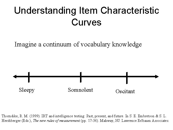 Understanding Item Characteristic Curves Imagine a continuum of vocabulary knowledge Sleepy Somnolent Oscitant Thorndike,