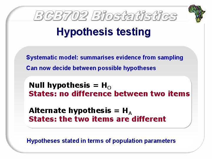 Hypothesis testing Systematic model: summarises evidence from sampling Can now decide between possible hypotheses