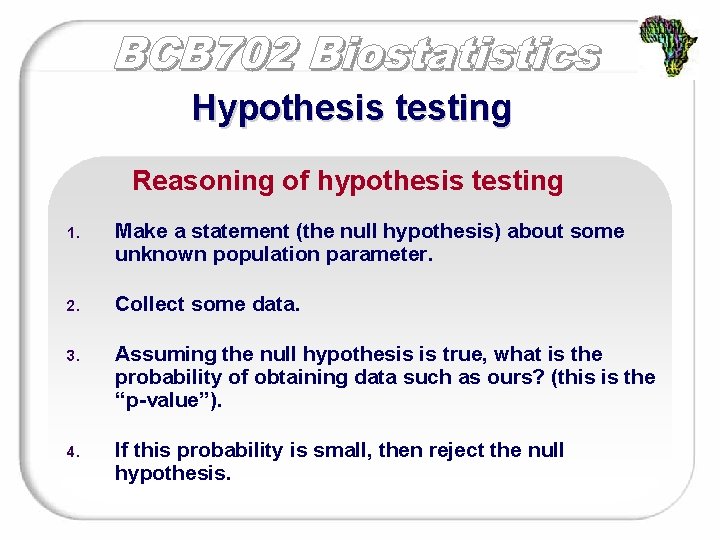 Hypothesis testing Reasoning of hypothesis testing 1. Make a statement (the null hypothesis) about